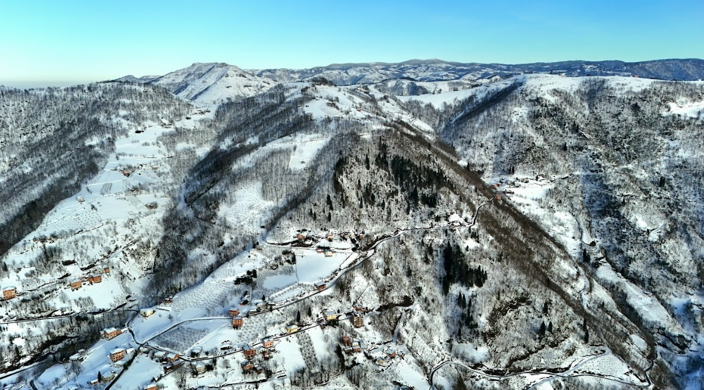 Turalıuşağı köyü kış manzarası ve karlı Karadeniz dağları.